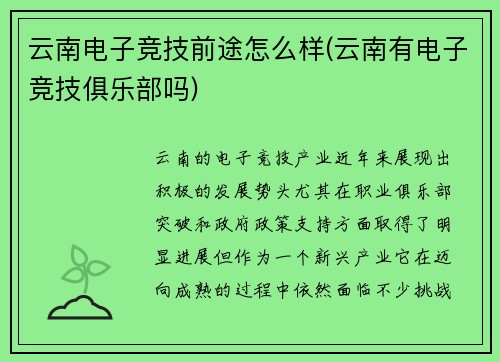 云南电子竞技前途怎么样(云南有电子竞技俱乐部吗)